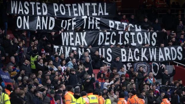 A protest banner by Crystal Palace fans that reads 'wasted potential on and off the pitch. Weak decisions taking us backwards