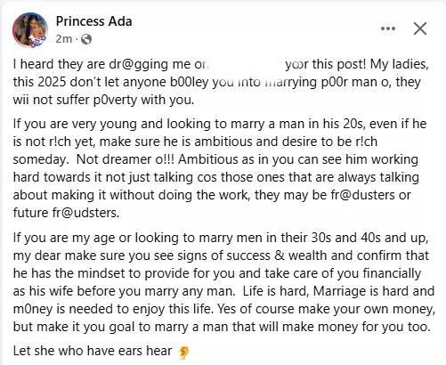 Don't let anyone bully you into marrying a poor man - Nigerian woman advises ladies