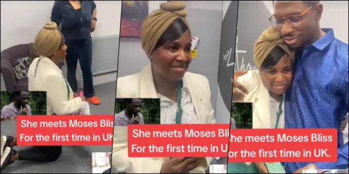 Video of lady kneeling, shedding tears after meeting Moses Bliss for first time in UK pops up