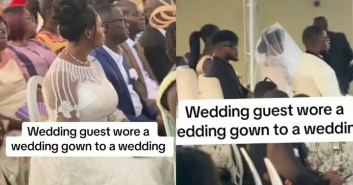 'No gree for anybody' - Drama as wedding guest wears wedding gown to a couple's wedding