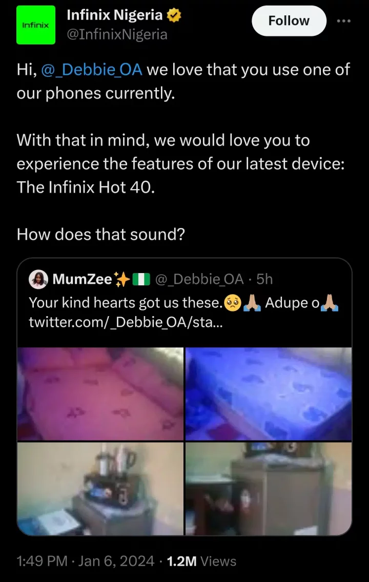 Infinix Nigeria offers latest phone 'Hot 40' to Nigerian woman who wakes up at 4:50 am to cook for husband