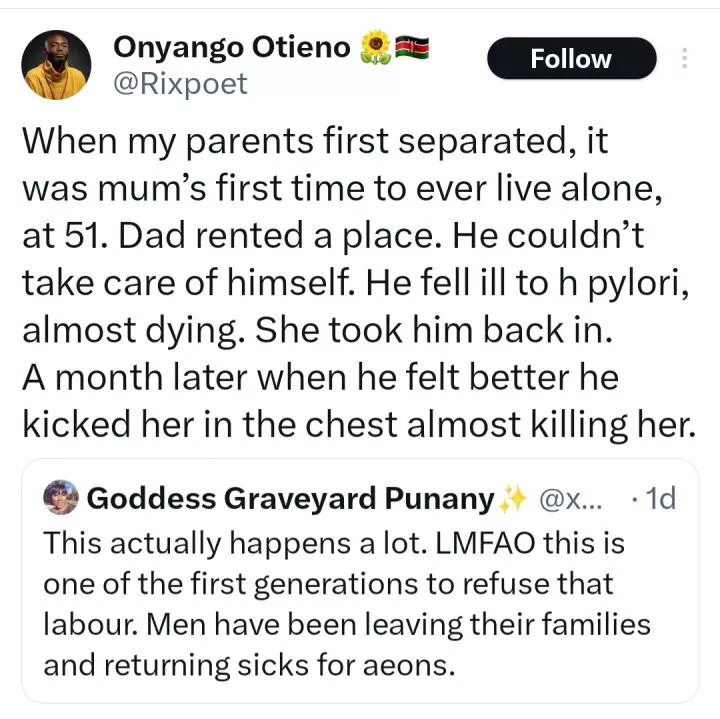 Man shares how his father repaid his mother when she took him in after he almost d!ed of an ailment following their separation