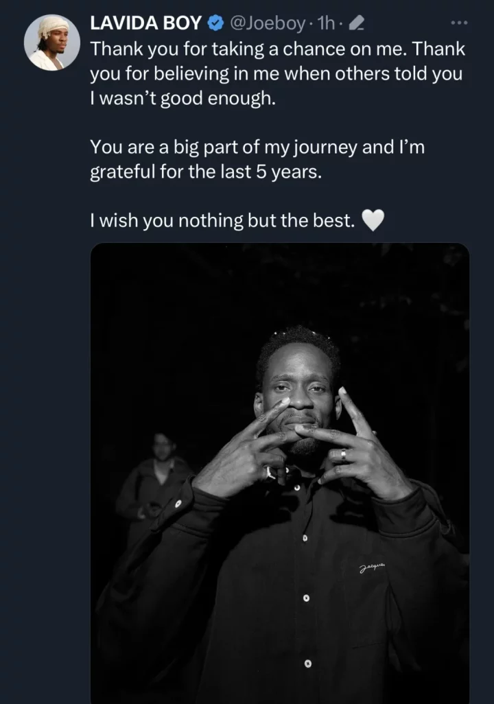 'Thank you for believing in me when others said I wasn't good enough' - Joeboy writes to Mr Eazi