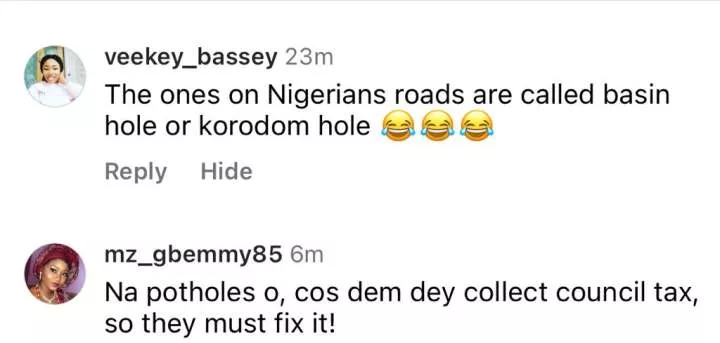 Nigerian potholes feeling jealous - Social media users react to trending photo of UK Prime Minister and his cabinet members posing in front of a pothole troubling their country