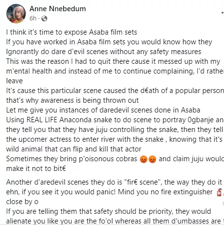 Lady exposes Asaba film sets as she details alleged reckless practices during movie shoots