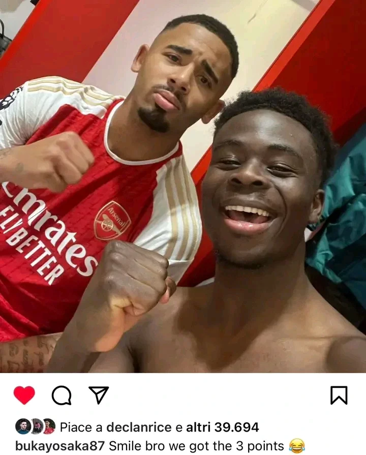 Smile Bro We Got The 3 Points - Bukayo Saka Says as He Shares a Photo of Himself with Gabriel Jesus.