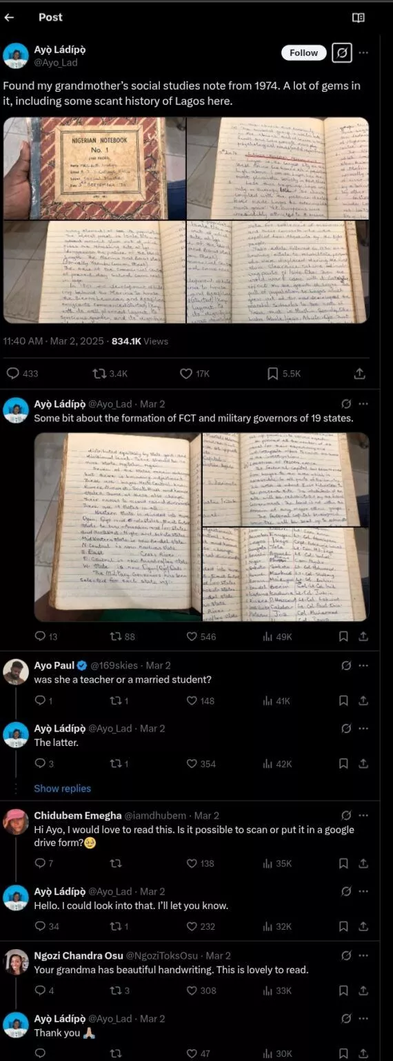 Lady discovers 1974 social studies note of grandmother with history of Lagos, FCT