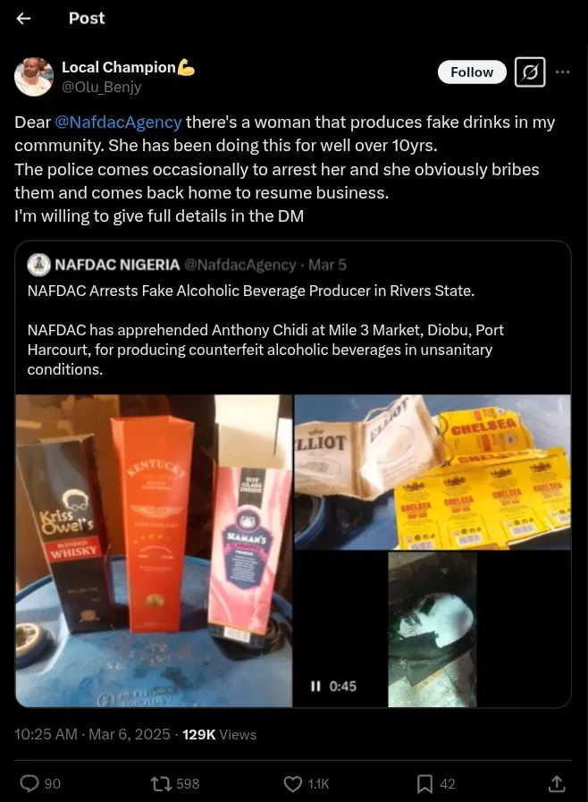 Man alerts NAFDAC, exposes woman selling fake drinks in his area for 10 years