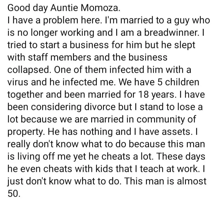 Embattled lady seeks advice over 50-yr-old cheating husband