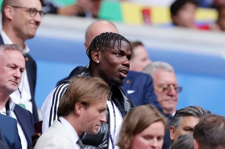 Paul Pogba is seen in attendance in the stands prior to the UEFA EURO 2024 round of 16 match between France and Belgium at Düsseldorf Arena on July 01, 2024