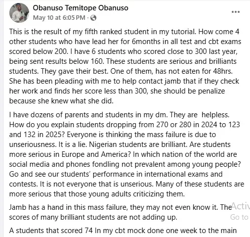 Teacher raises alarm as student refuses to eat for 48 hours after poor JAMB result