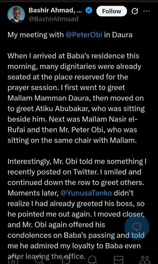 Bashir Ahmad shares his encounter after meeting Peter Obi at late Buhari's residence