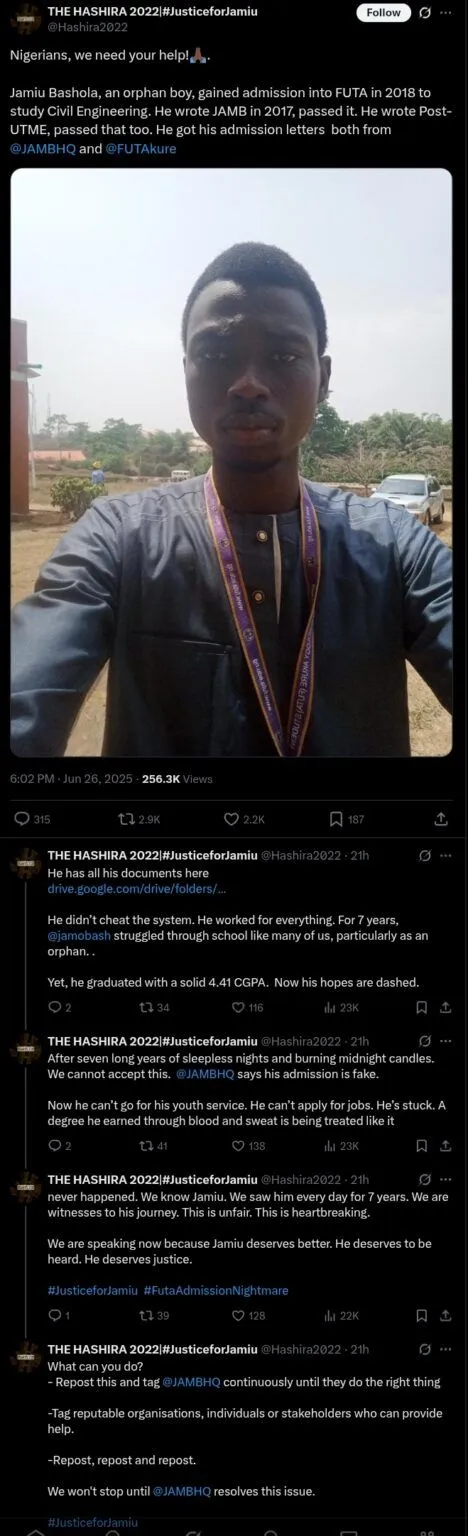 FUTA graduate detained after 7 years in school as JAMB calls admission 'fake'