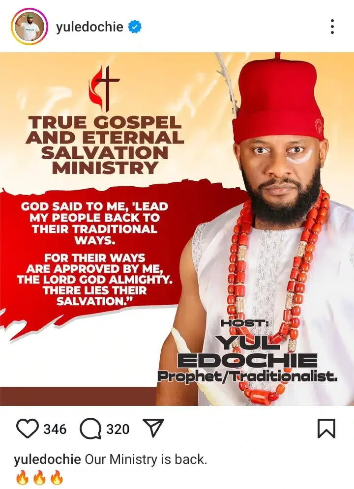 Yul Edochie returns to missionary work, renames ministry