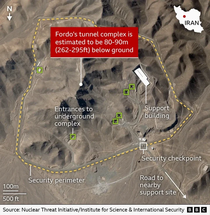 A satellite-style map shows a mountainous area with labeled features including 'Entrances to underground complex,