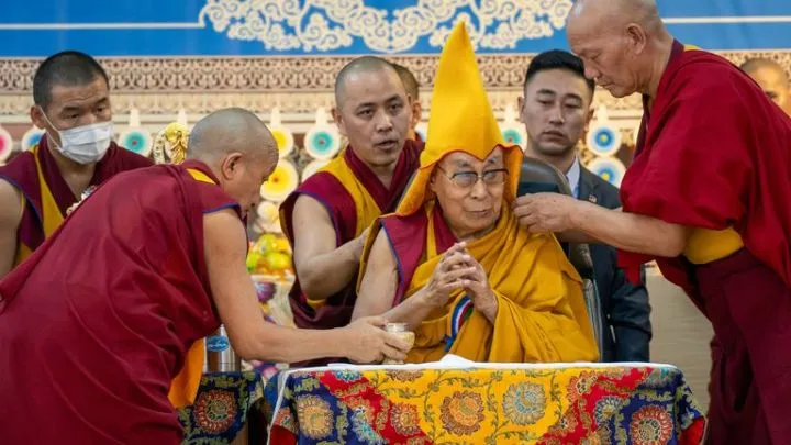 Dalai Lama wearing a ceremonial hat at his 90th birthday celebrations on 30 June. Pic: AP