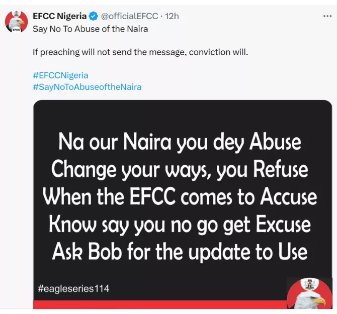 EFCC sends message to Naira abusers, suggests asking Bobrisky for update
