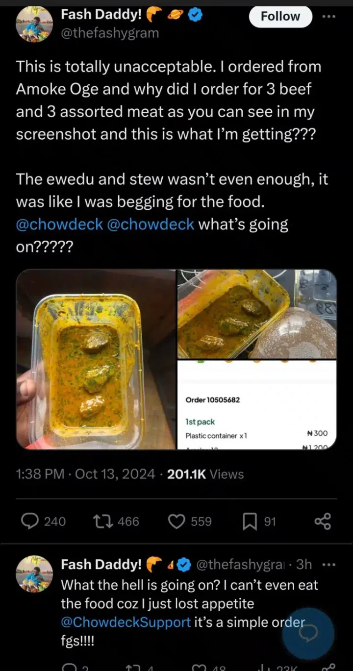 Man calls out vendor for serving 3 beefs and small ewedu despite ordering 12 wraps of Amala