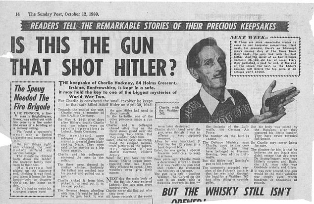 An article from The Sunday Post in October 1980, featuring an interview with Charlie Hackney under the headline: Is this the gun that shot Hitler?