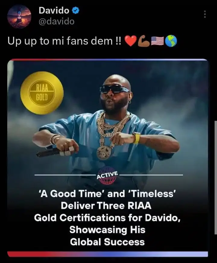 Davido appreciates fans as two albums deliver three RIAA gold certifications