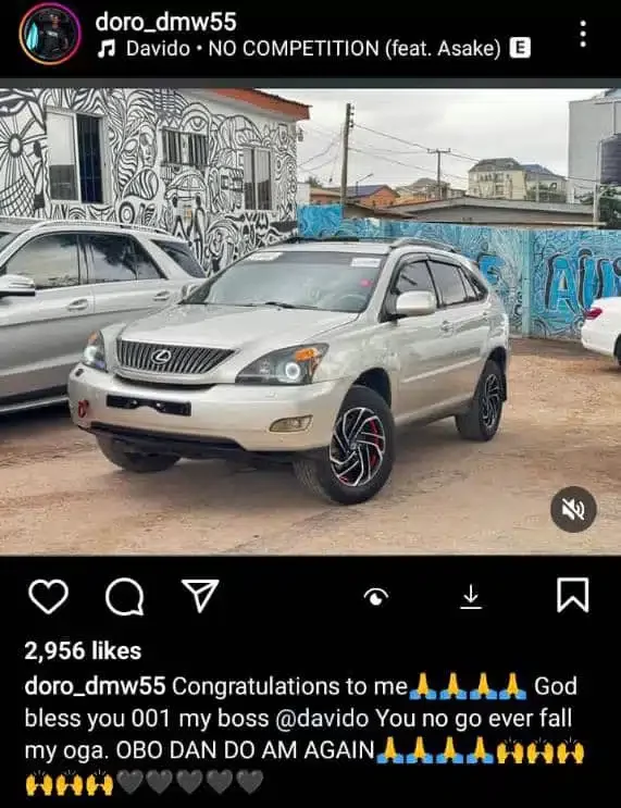 Davido's driver pens appreciation to him for gifting him a Lexus SUV