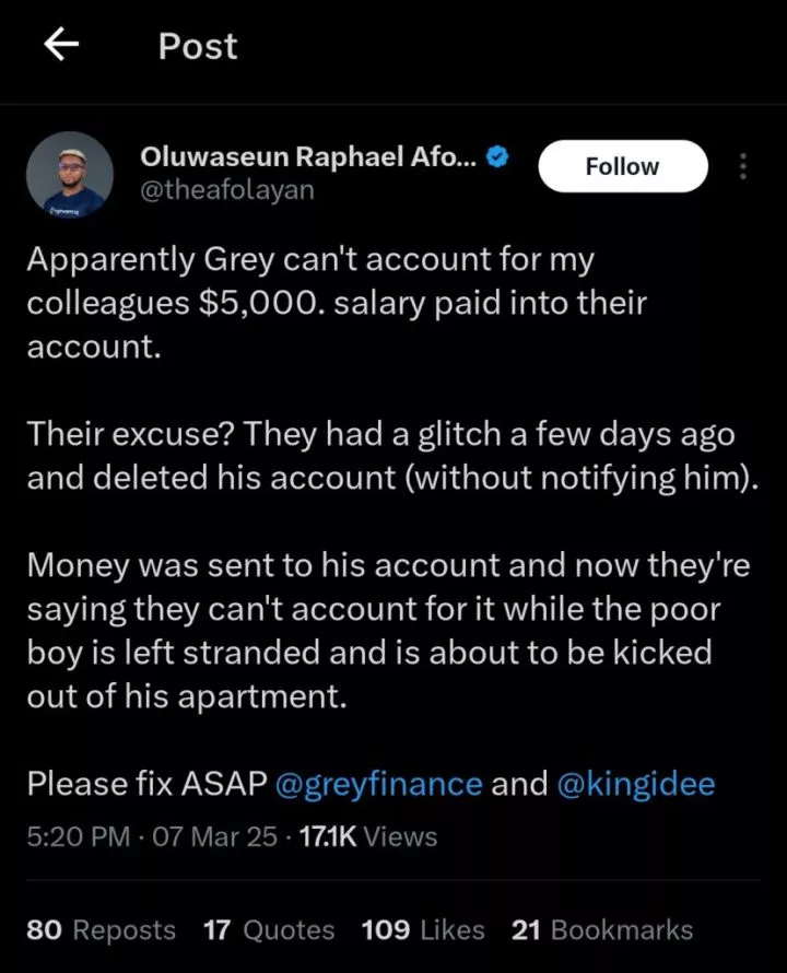 Man raises alarm as bank mistakenly deletes colleague's account after $5,000 salary payment