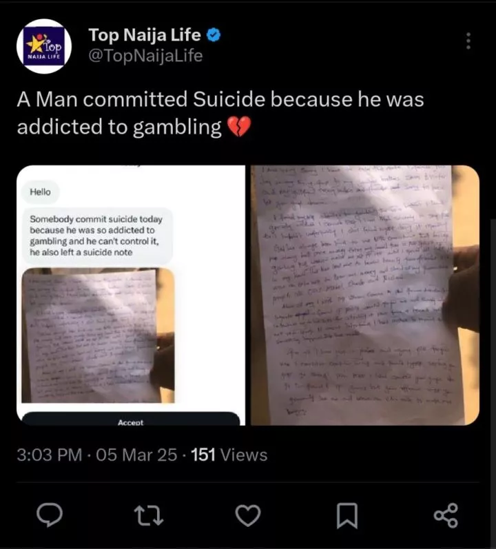 Man passes away after gambling addiction struggle, apologizes to girlfriend in farewell note