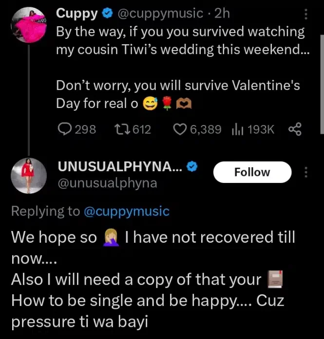 DJ Cuppy sends message to fellow singles who survived watching her cousin, Tiwi's wedding