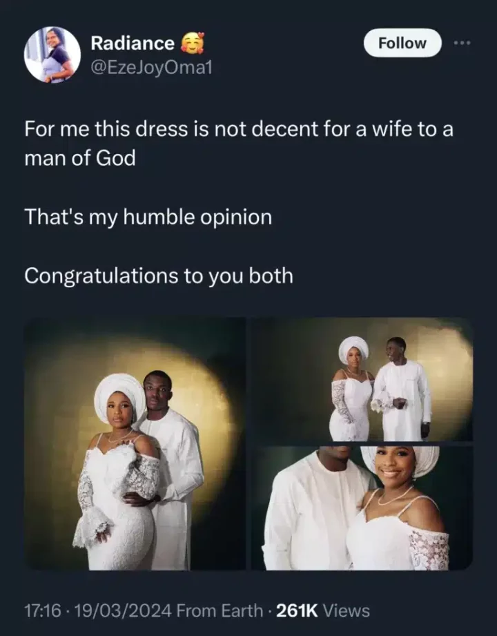'This dress is not decent for a wife to a man of God' - Lady shares 2 cents about Ashlee's dress