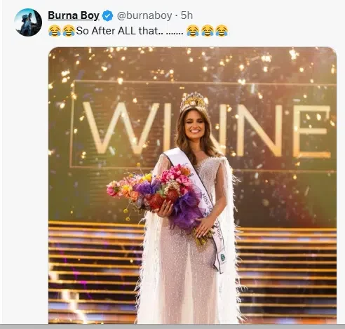 Burna Boy reacts to announcement of new Miss South Africa 2024