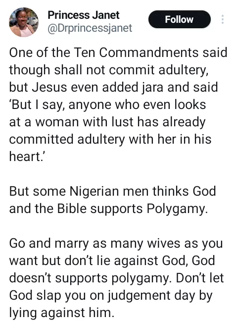 Marry as many wives as you want but don't lie against God - Lady slams Nigerian men who say God and the Bible support polygamy