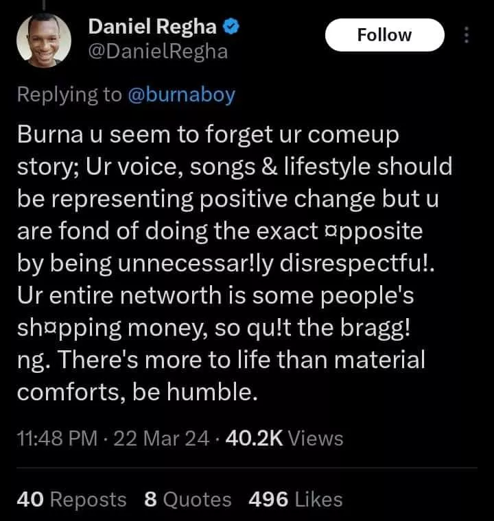 'Your entire net worth is some people's shopping money' - Daniel Regha blasts Burna Boy