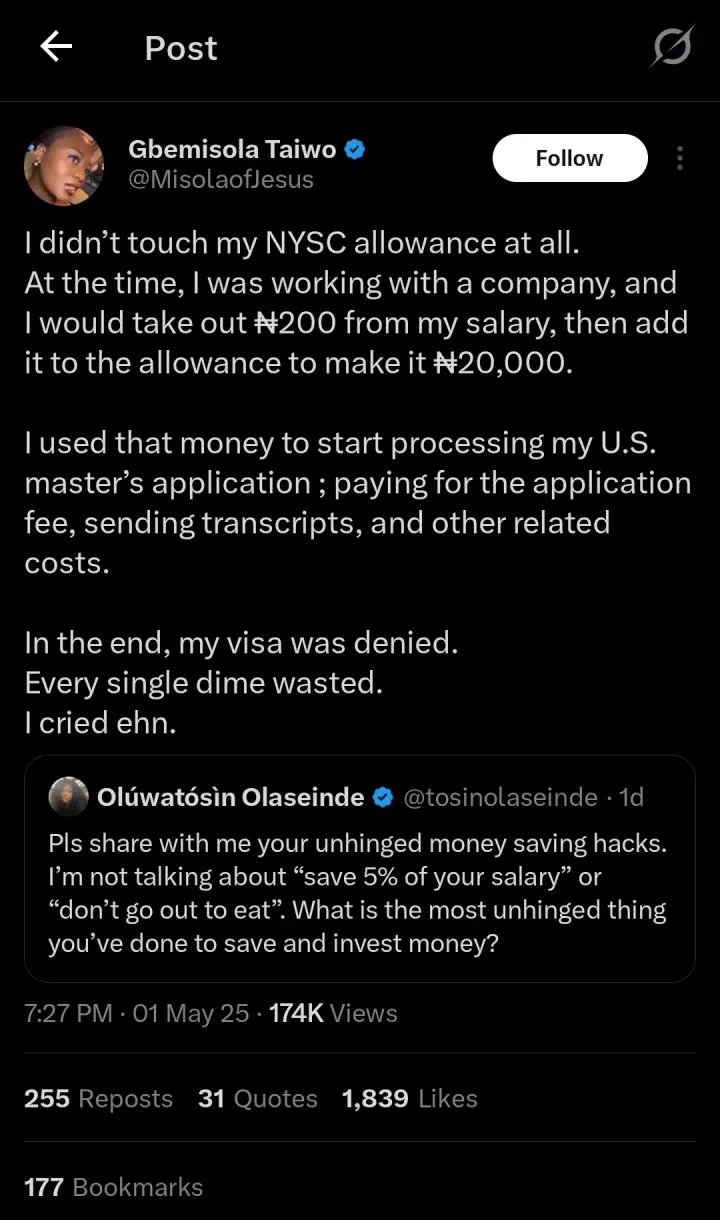Lady uses entire NYSC allowance for US visa application, gets rejected
