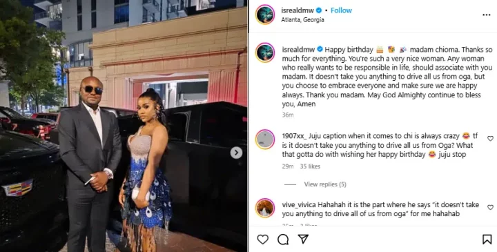 'Any woman who wants to be responsible in life should associate with you' - Israel DMW to Chioma