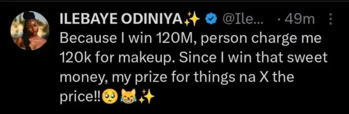 'Because I win N120M person charge me N120k for makeup' - Ilebaye laments