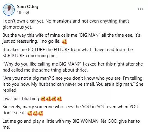 'I don't own a car but the way my wife calls me big man is so reassuring' - Man says