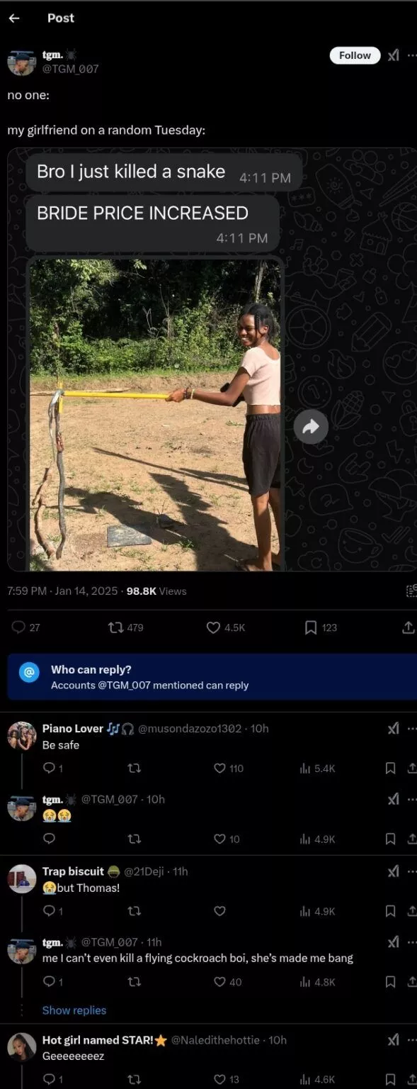 Girlfriend impresses boyfriend by bravely taking out a snake, says bride price has increased