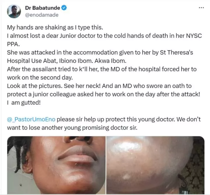 Nigerian doctor cries out for help after a junior doctor who was almost killed in a attack, was forced back to work by her boss