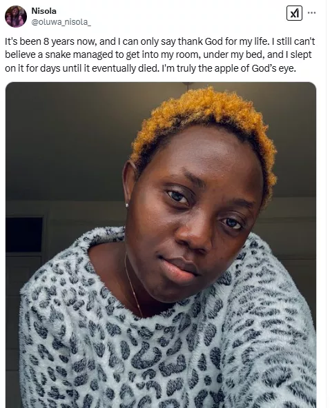 Lady recalls finding dead snake under her bed