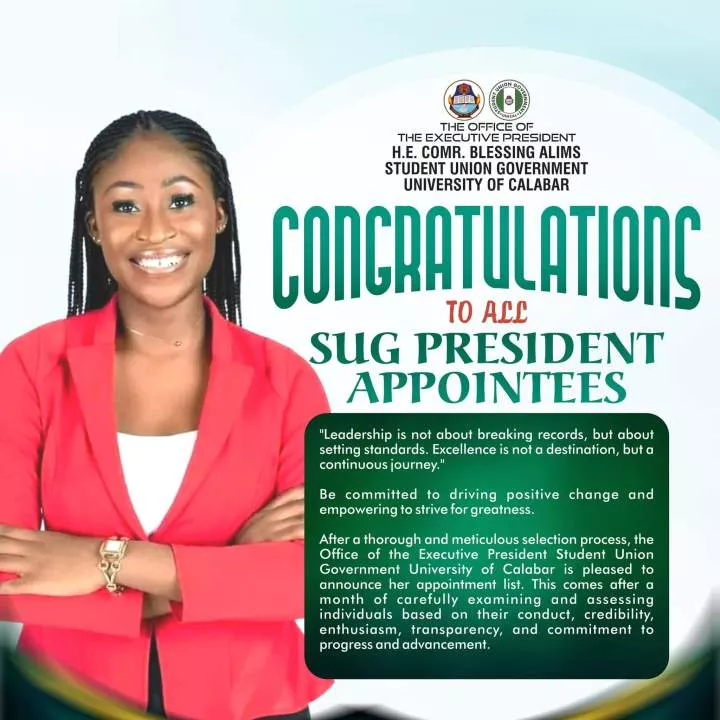 UNICAL first female SUG President appoints 50 aides