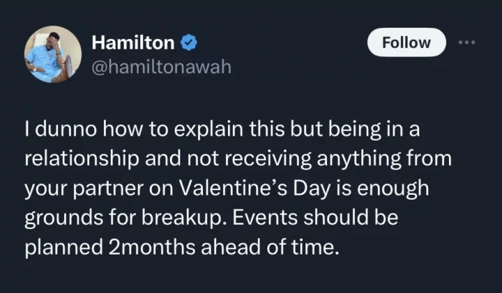 'Being in a relationship and not receiving gifts on Valentine's Day is grounds for breakup' - Fashion designer says