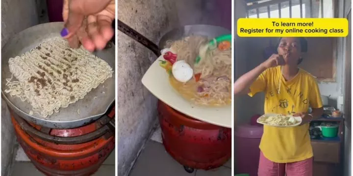 Lady stuns netizens with unique noodles preparation