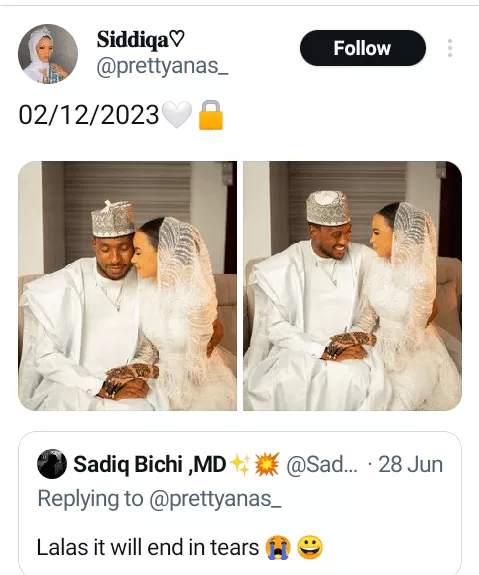 Lady shares wedding photos to taunt man 6 months after he said her relationship 'will end in tears'