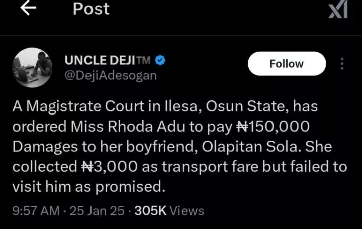 Court orders lady to pay boyfriend ₦150,000 for taking ₦3,000 transport fare but failing to visit