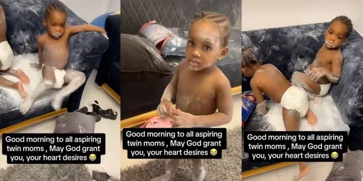 "God, spare me from anything like twins" - Angry mother prays against twins as daughters bathe in powder, mess up sofa