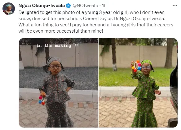 Little girl dresses like Ngozi Okonjo-Iweala to school, she reacts