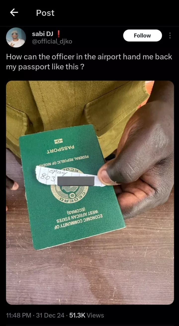 Man shocked as airport officer returns passport with bank details attached, sparks online reactions