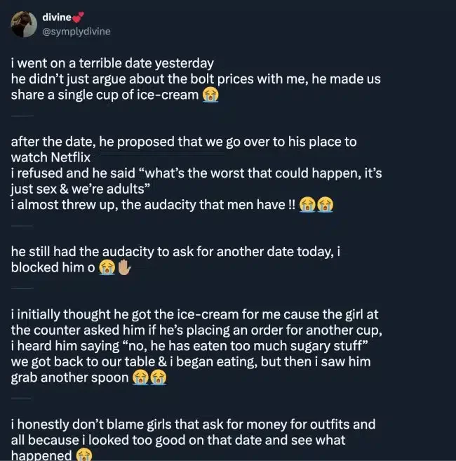 Lady recounts date experience with man who shared a cup of ice cream with her