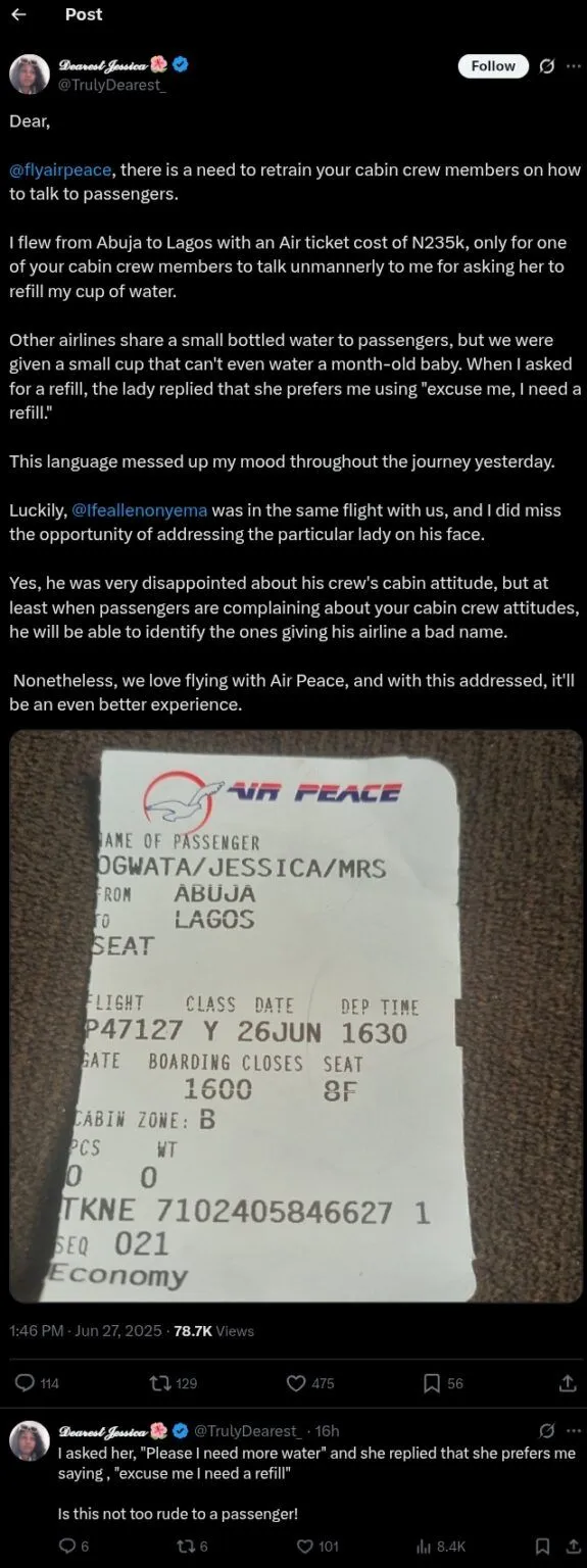 Air Peace under fire as passenger narrates crew's attitude on ₦235k flight