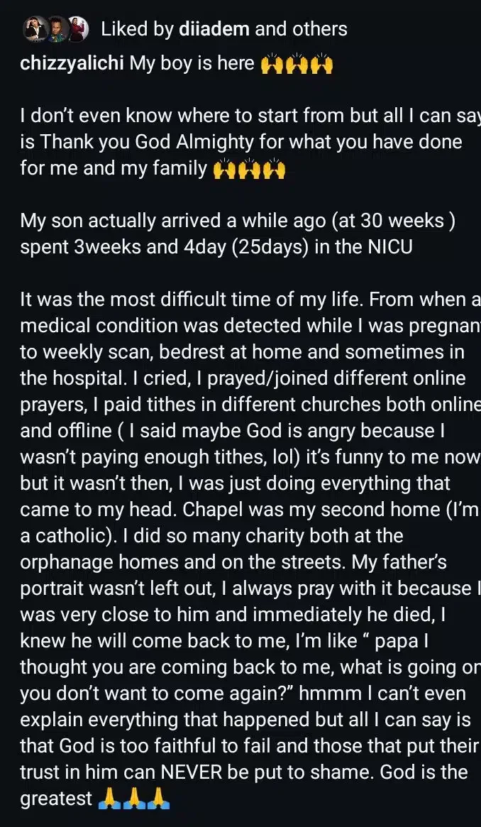 'My son spent 3 weeks, 4 days in NICU'- Chizzy Alichi